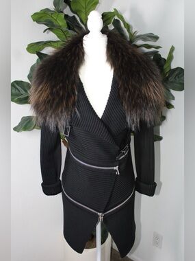 Barbara Bui Long 100% Laine Merino Wool & Detachable Raccoon Fur Cardigan Coat